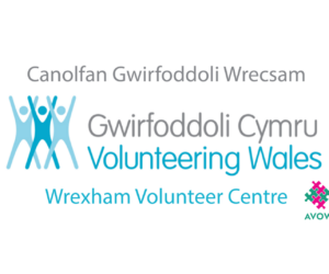 Canolfan Gwirfoddoli Wrecsam / Wrexham Volunteer Centre. Includes the three people logo